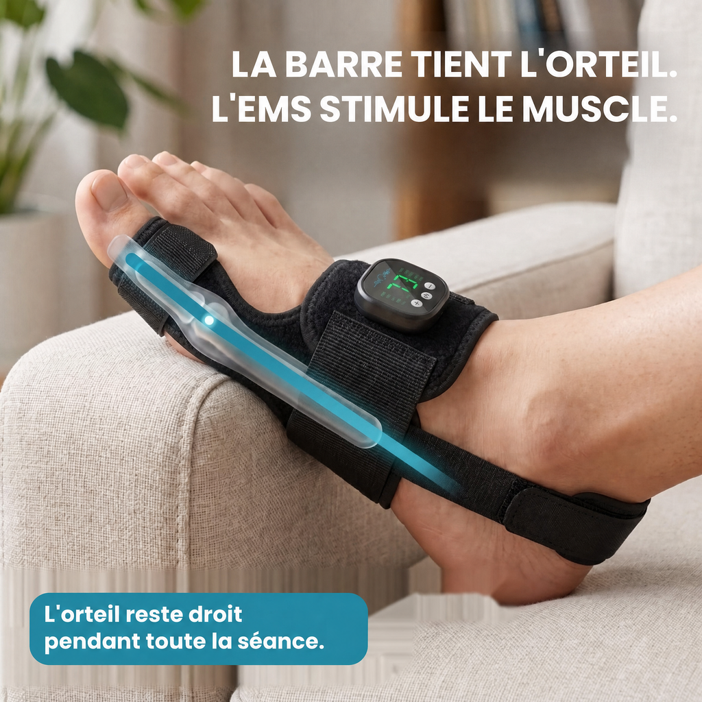 La barre tient l'orteil, l'EMS stimule le muscle